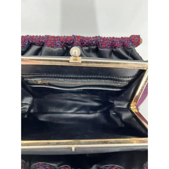 Vintage 50's Wool Red/Blue Tweed Handbag Double Handle Snap Clasp 8" X 12" x 4" - Picture 13 of 13